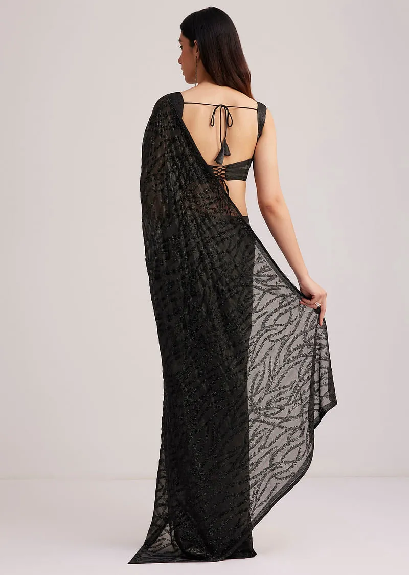 Black Net Saree Heavy Embroidered With Sequins And Stones