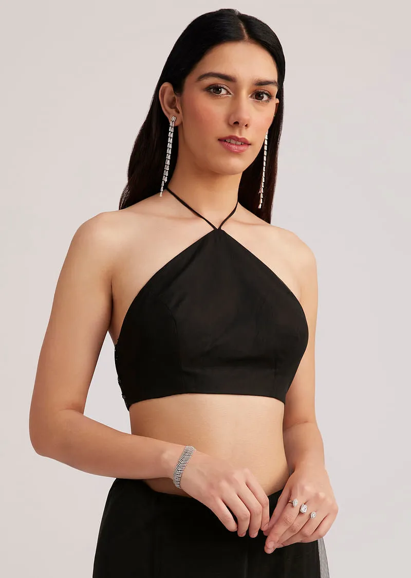 Black Net Saree Heavy Embroidered With Sequins And Stones