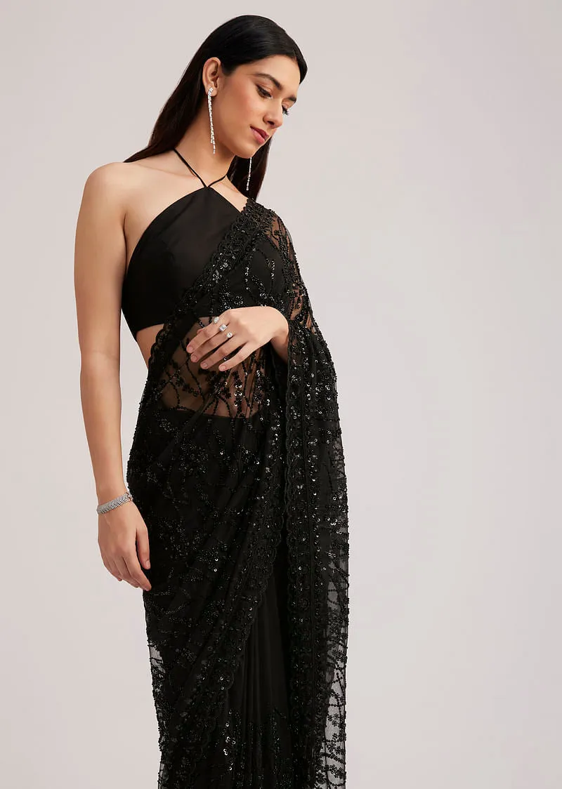 Black Net Saree Heavy Embroidered With Sequins And Stones
