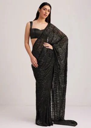 Black Net Saree Heavy Embroidered With Sequins And Stones
