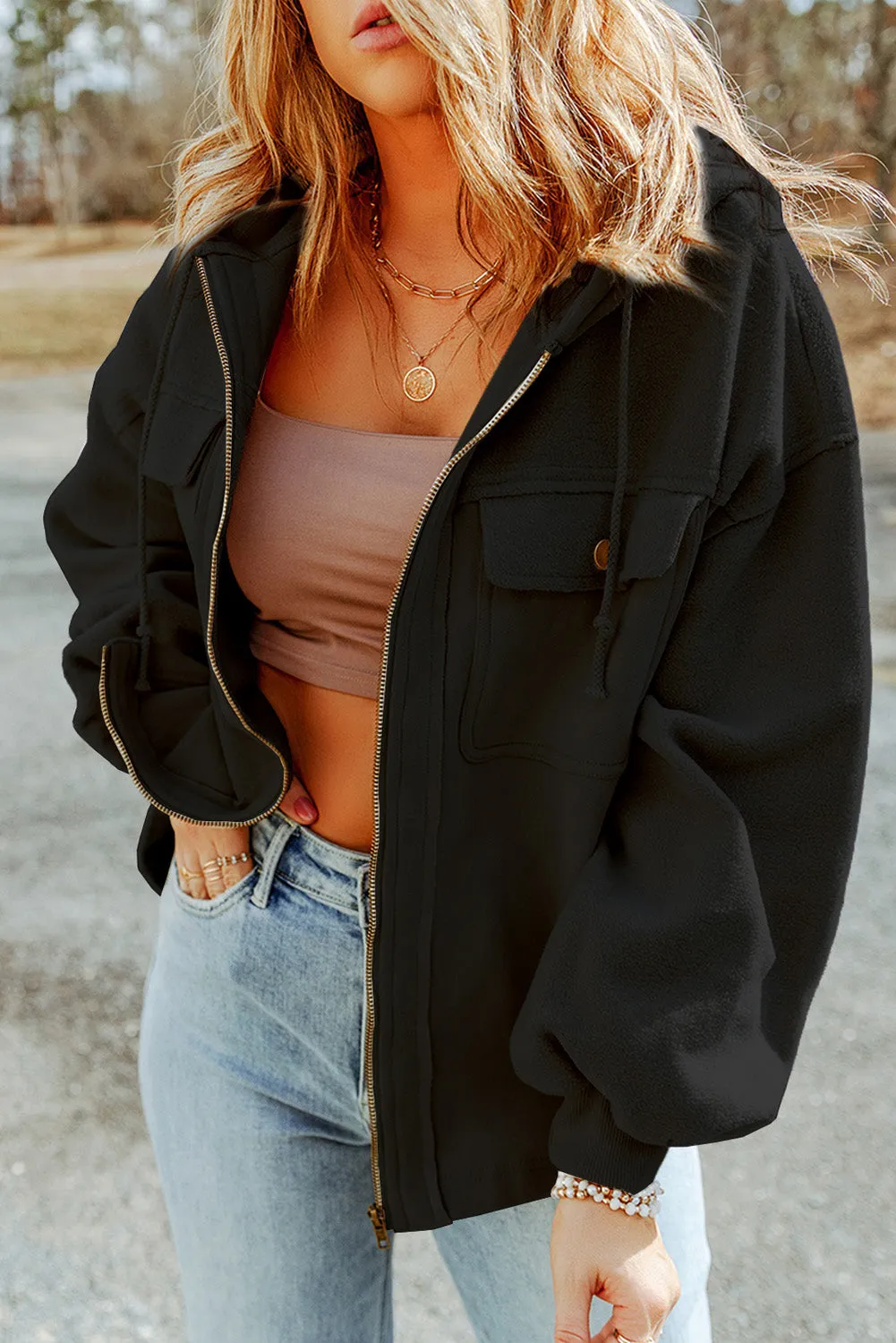 Black Plus Size Bishop Sleeve Zip Up Hoodie Jacket