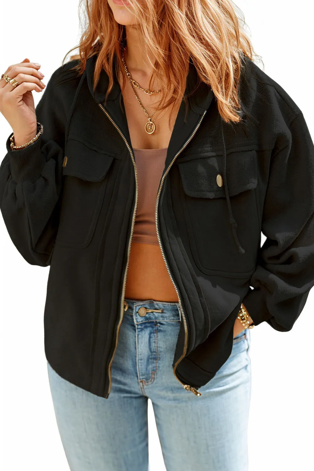 Black Plus Size Bishop Sleeve Zip Up Hoodie Jacket