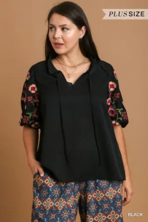 Black Puff Sleeve Embroidered Floral Top