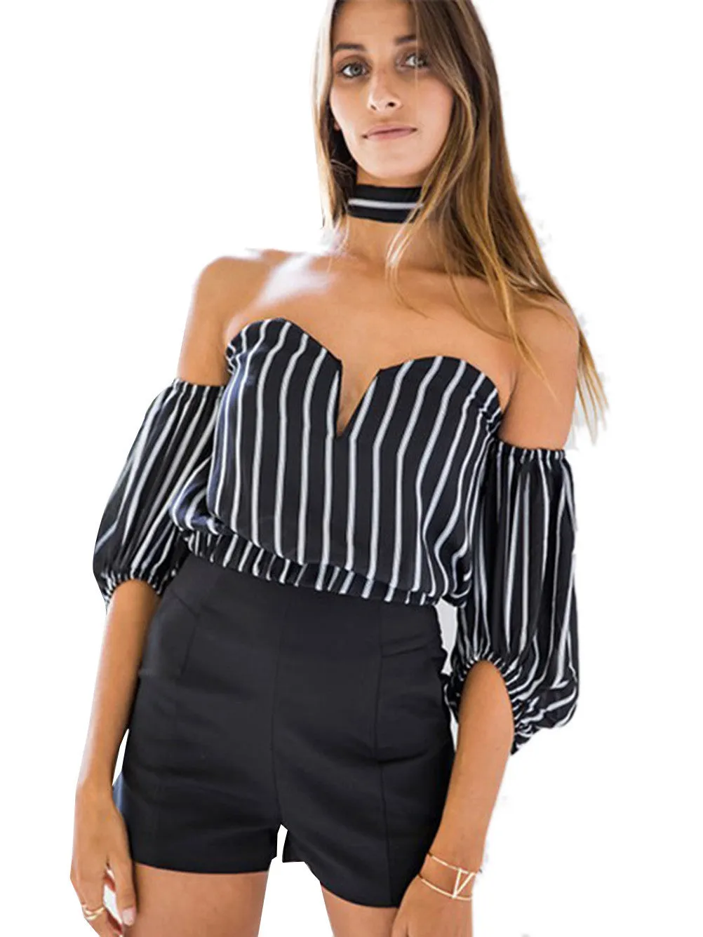 Black Striped Elegant Halter Bow Chiffon Blouse Shirt Off Shoulder Girls Women Cool Crop Tops Casual