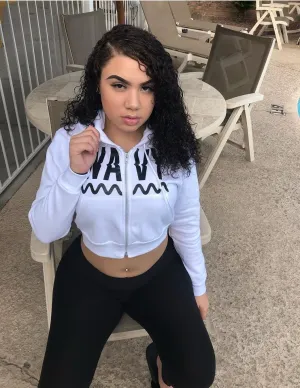 Black Wavy | White Cropped Zip Up Jacket