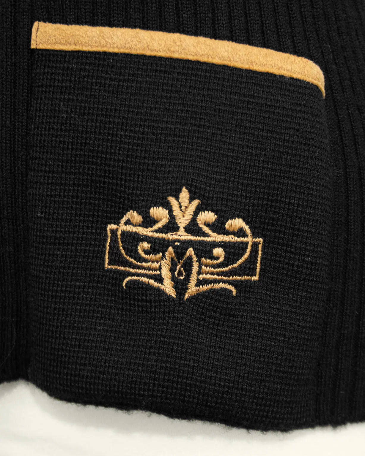 Black Wool Ribbed Cardigan With Tan Accents