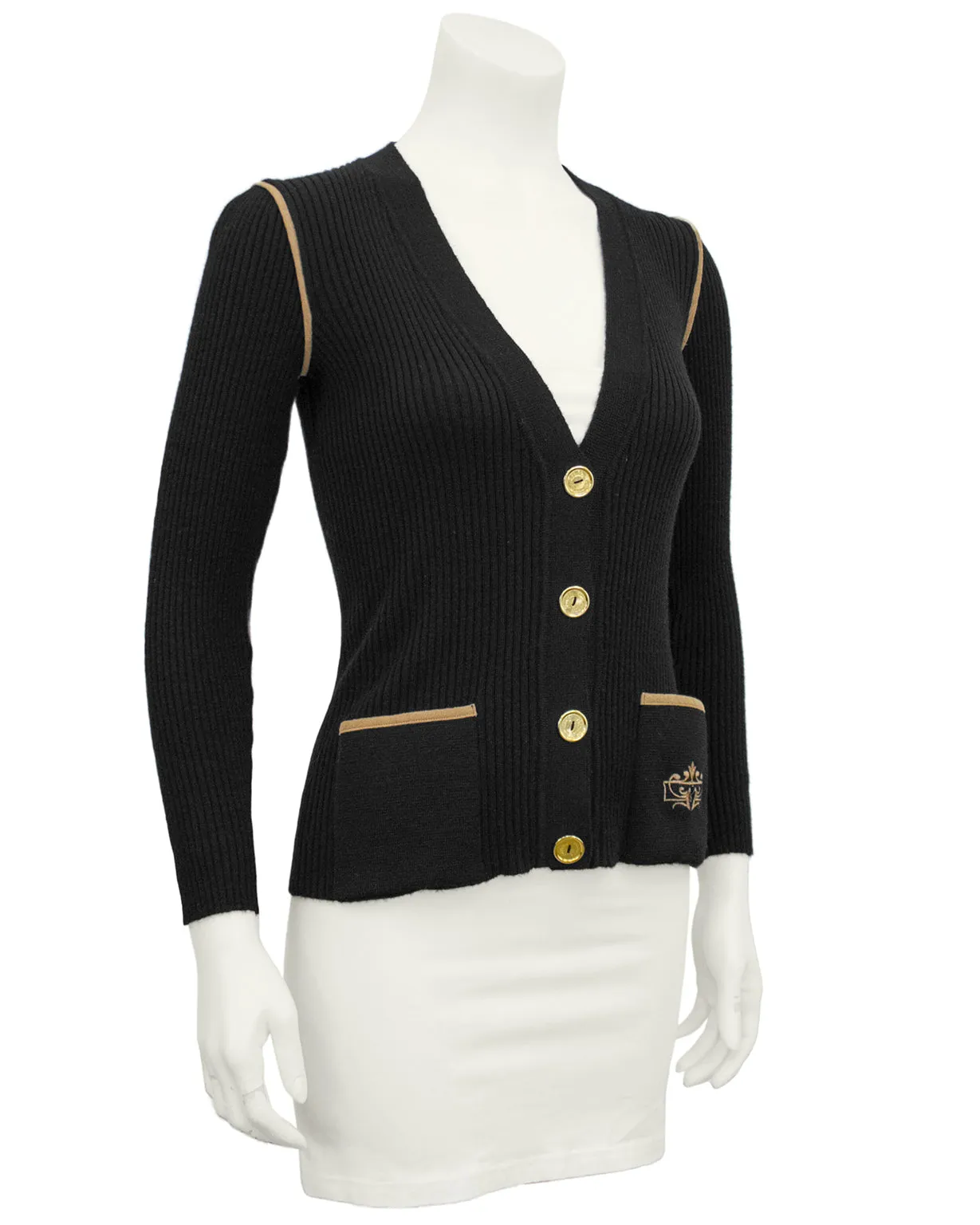 Black Wool Ribbed Cardigan With Tan Accents