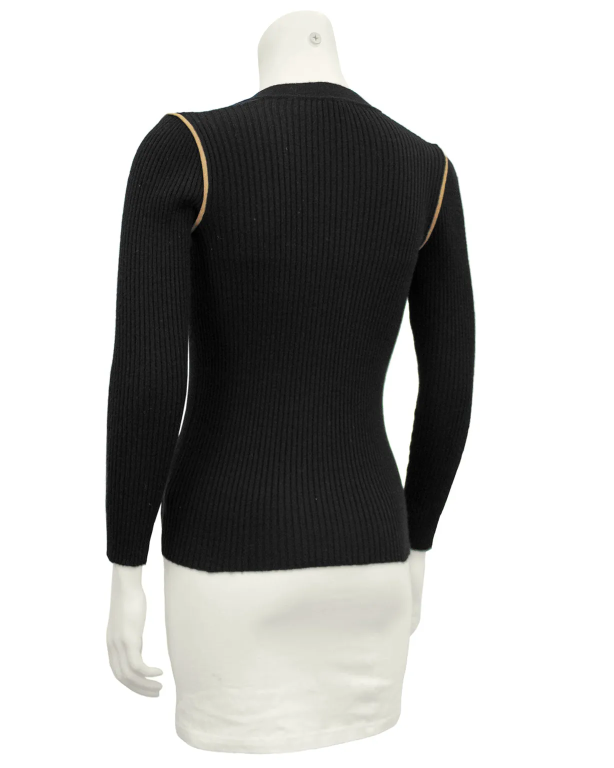 Black Wool Ribbed Cardigan With Tan Accents