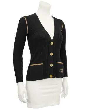Black Wool Ribbed Cardigan With Tan Accents