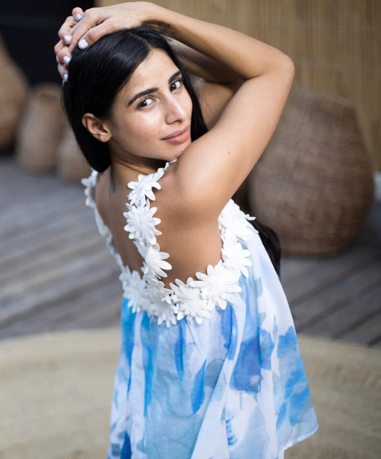Blue and white top with white flower straps