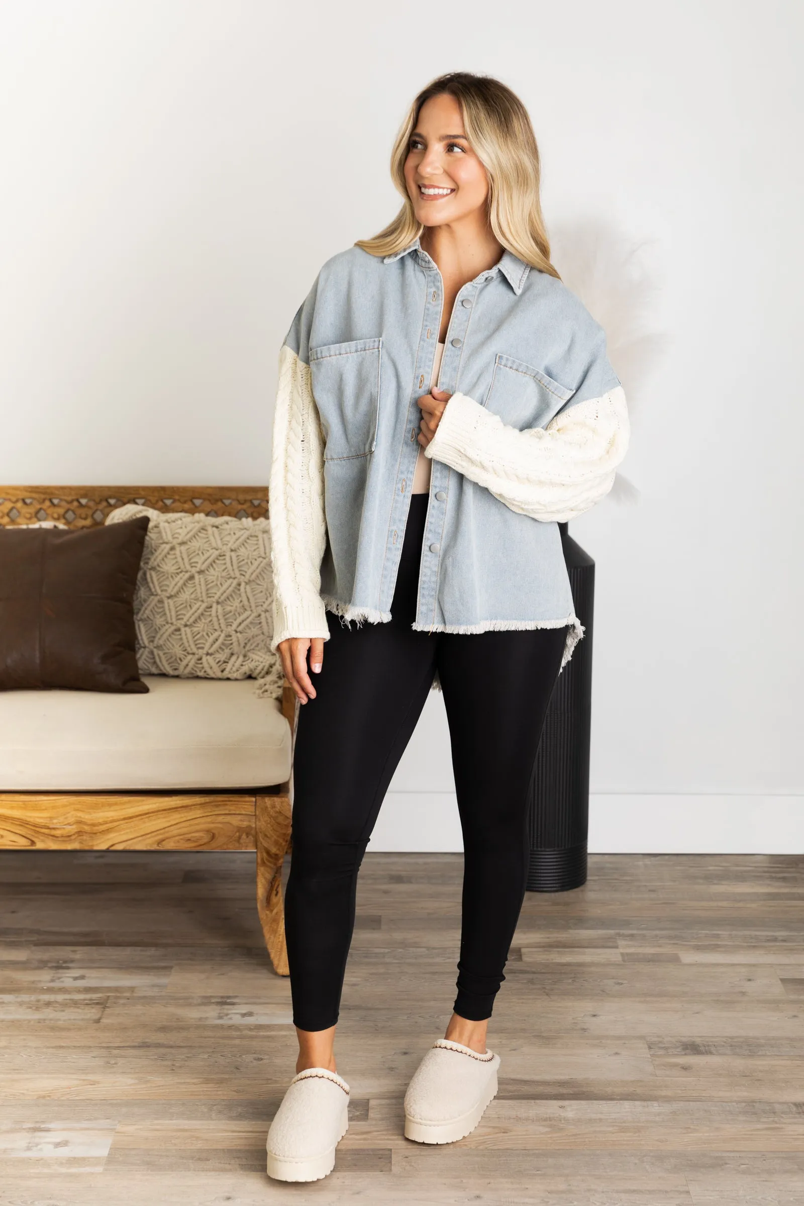 Blue Denim Jacket With Sweater Sleeves