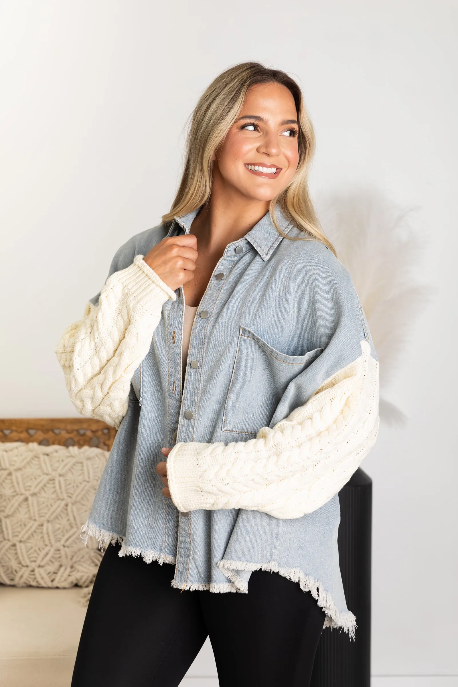 Blue Denim Jacket With Sweater Sleeves