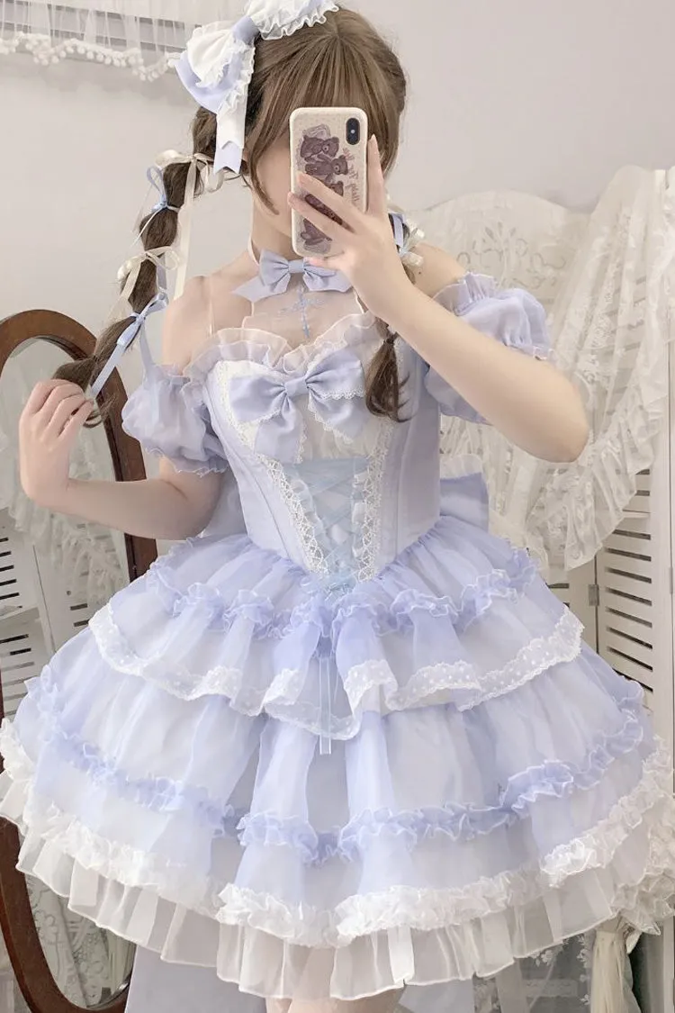 Blue Multi-layer Ruffle Hanayome Bowknot Lace Halter Neck Sweet Princess Lolita Dress
