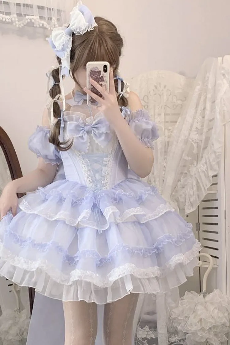 Blue Multi-layer Ruffle Hanayome Bowknot Lace Halter Neck Sweet Princess Lolita Dress
