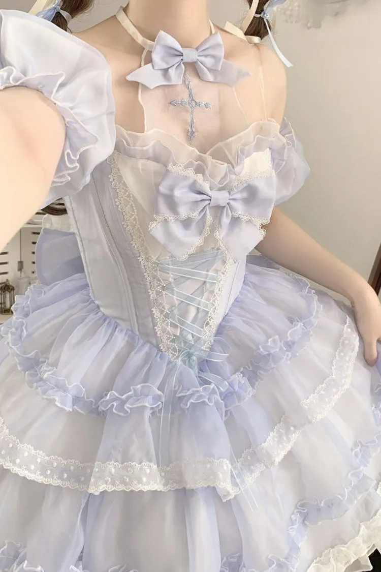 Blue Multi-layer Ruffle Hanayome Bowknot Lace Halter Neck Sweet Princess Lolita Dress