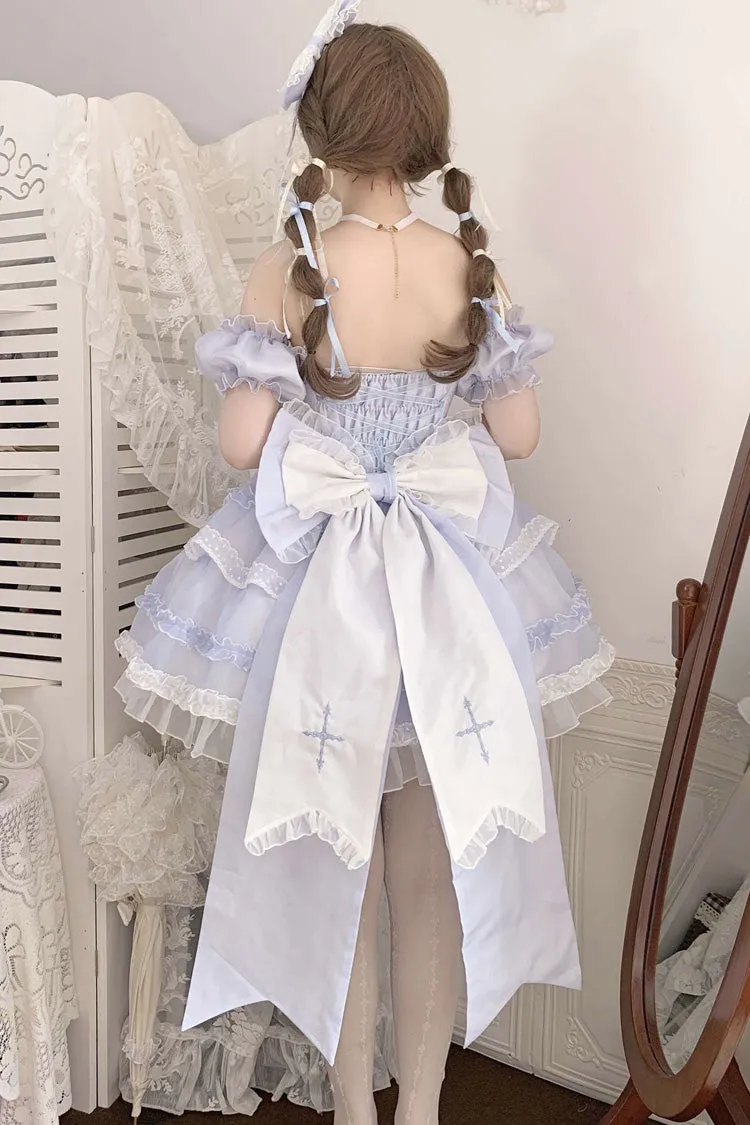 Blue Multi-layer Ruffle Hanayome Bowknot Lace Halter Neck Sweet Princess Lolita Dress