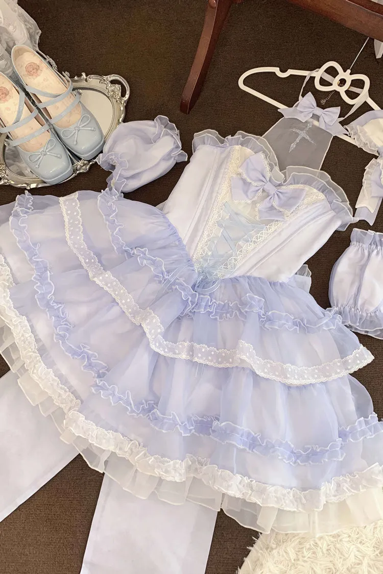 Blue Multi-layer Ruffle Hanayome Bowknot Lace Halter Neck Sweet Princess Lolita Dress