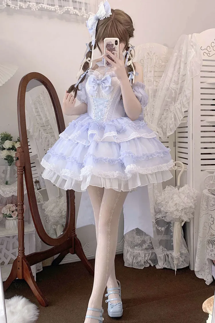 Blue Multi-layer Ruffle Hanayome Bowknot Lace Halter Neck Sweet Princess Lolita Dress