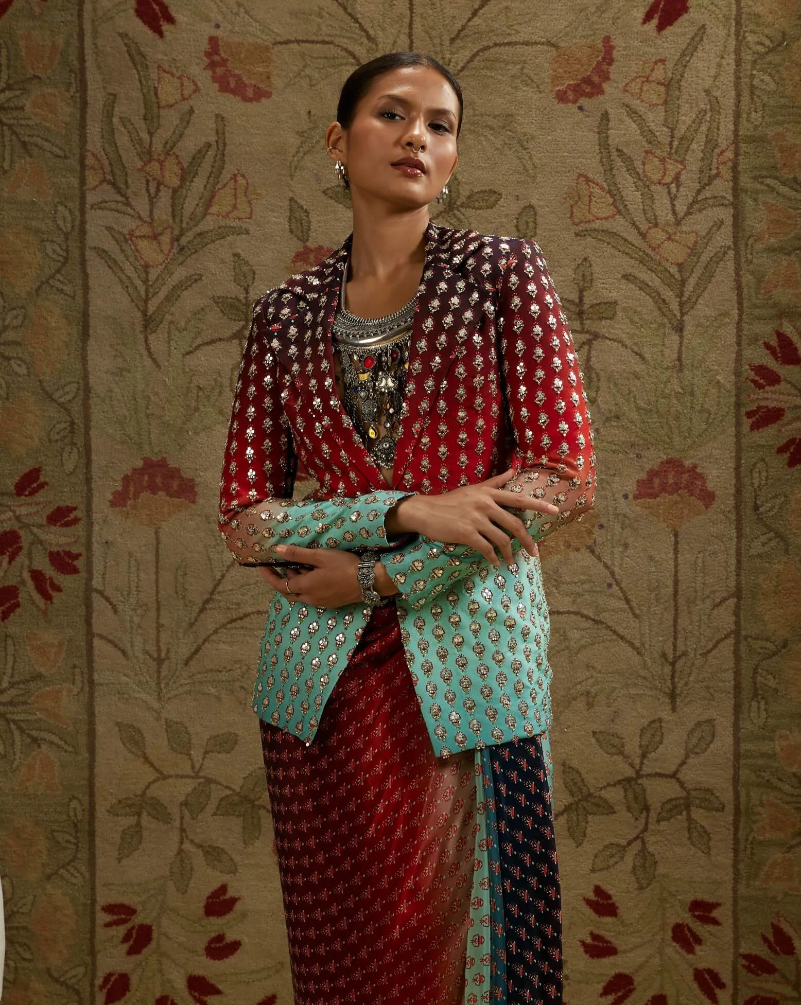 Blue red ombre print embellished blazer and skirt