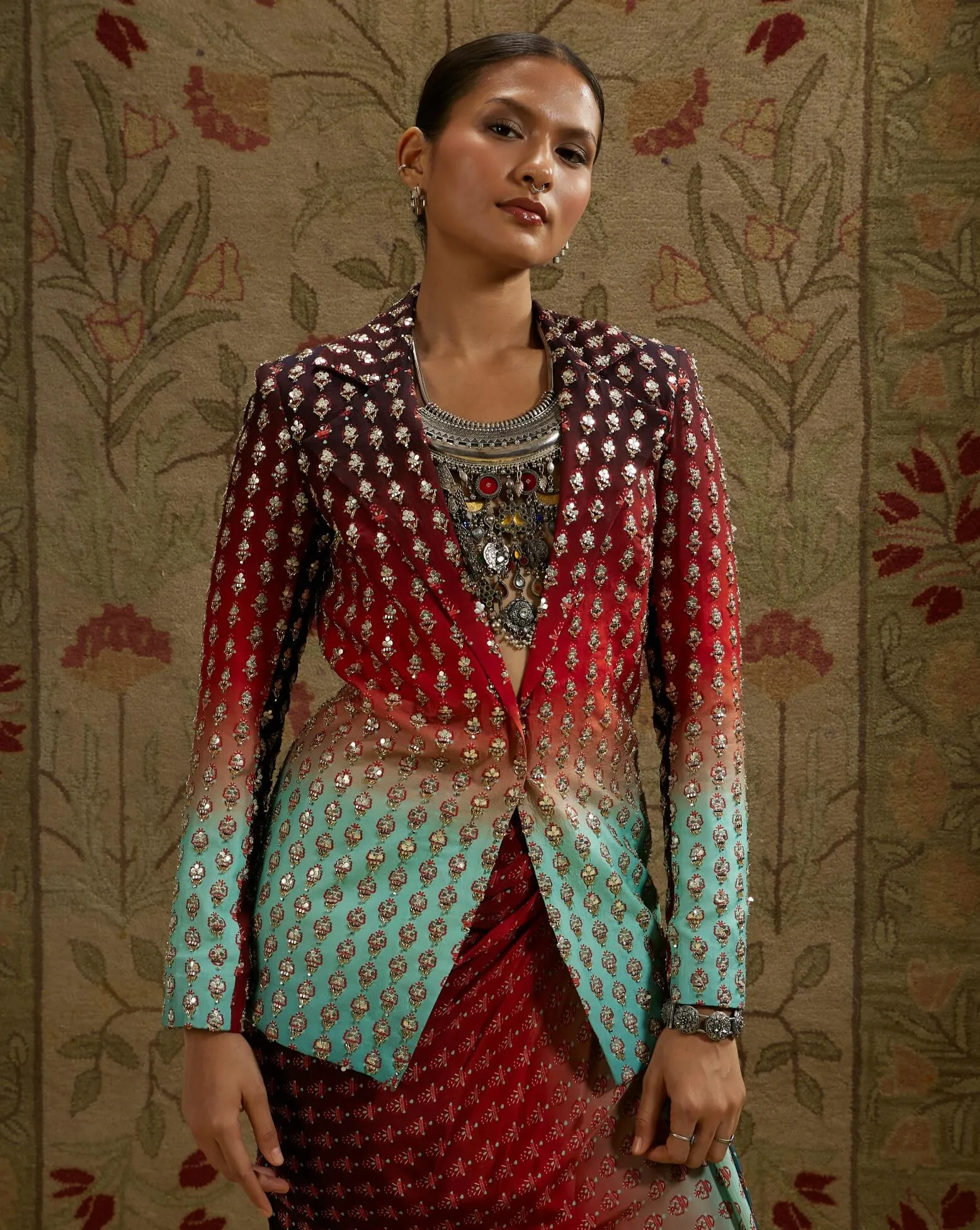 Blue red ombre print embellished blazer and skirt