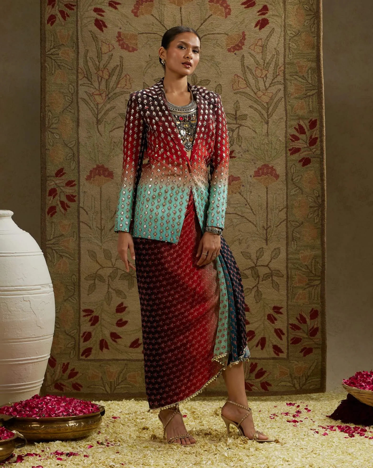 Blue red ombre print embellished blazer and skirt