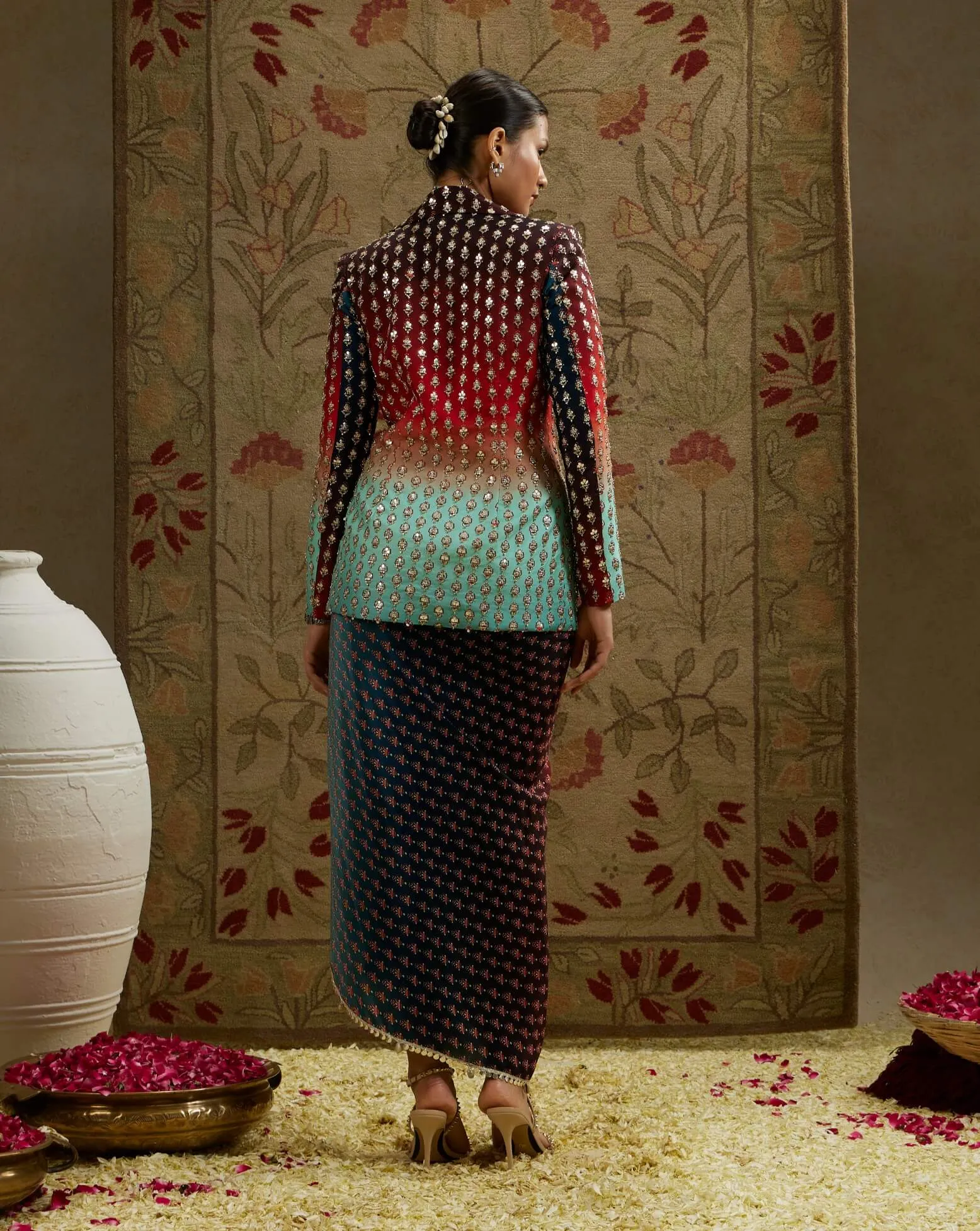Blue red ombre print embellished blazer and skirt