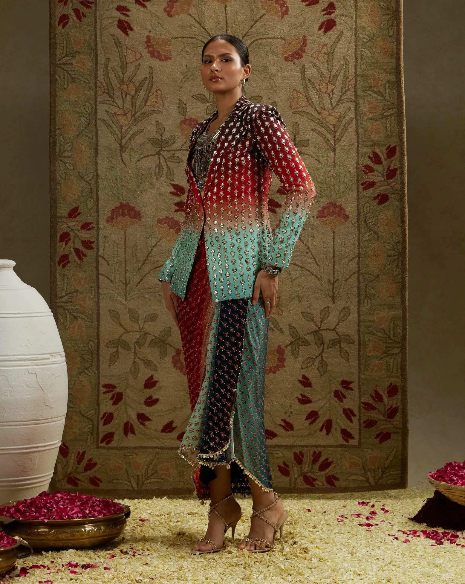 Blue red ombre print embellished blazer and skirt