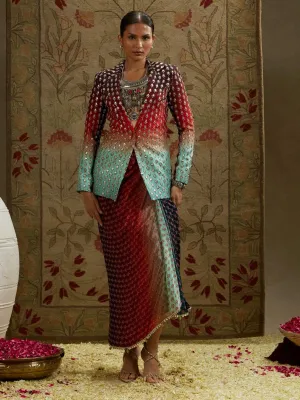 Blue red ombre print embellished blazer and skirt
