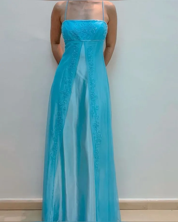 Blue Spaghetti Straps A-Line Satin Beading Long Prom Dress Vintage Party Dress, DP4833
