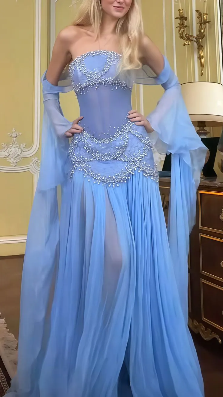 Blue Strapless A-Line  Beading Chiffon Long Prom Dress Evening Gown, DP5248
