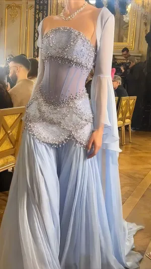 Blue Strapless A-Line  Beading Chiffon Long Prom Dress Evening Gown, DP5248