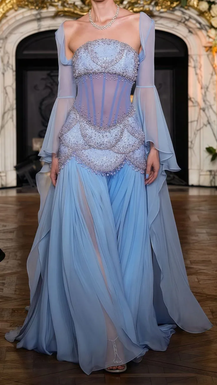 Blue Strapless A-Line  Beading Chiffon Long Prom Dress Evening Gown, DP5248
