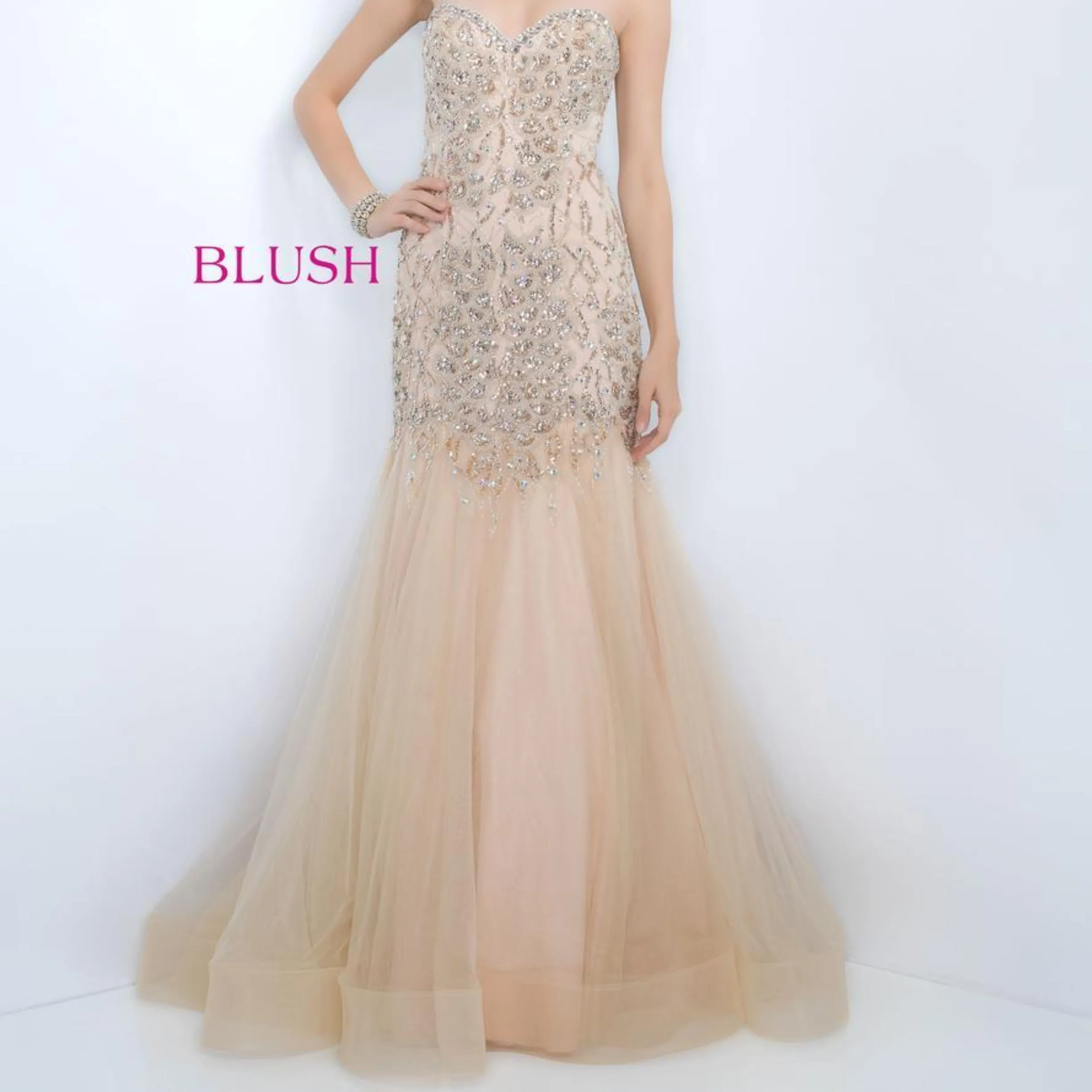 BLUSH PROM Long Strapless Champagne Gown Size 8 NWT