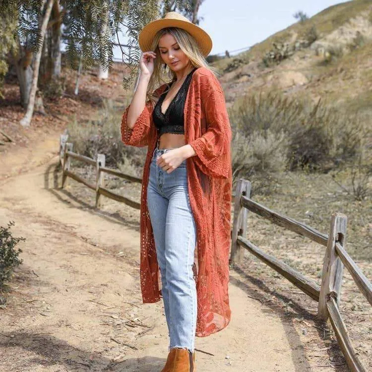 Bohemian Mustard Lace Embroidered Kimono