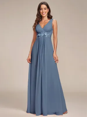 Bonny V Neck chiffon event gown with applique in dusky navy Express NZ wide