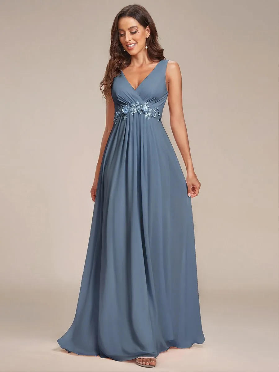 Bonny V Neck chiffon event gown with applique in dusky navy Express NZ wide