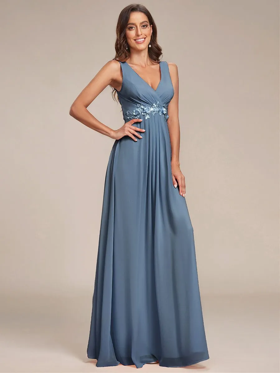 Bonny V Neck chiffon event gown with applique in dusky navy Express NZ wide