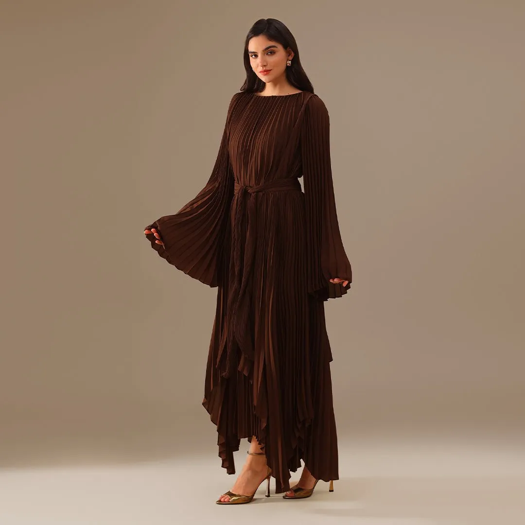 Brown All Pleats Long Sleeve Chiffon Dress