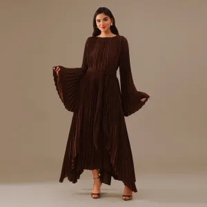Brown All Pleats Long Sleeve Chiffon Dress