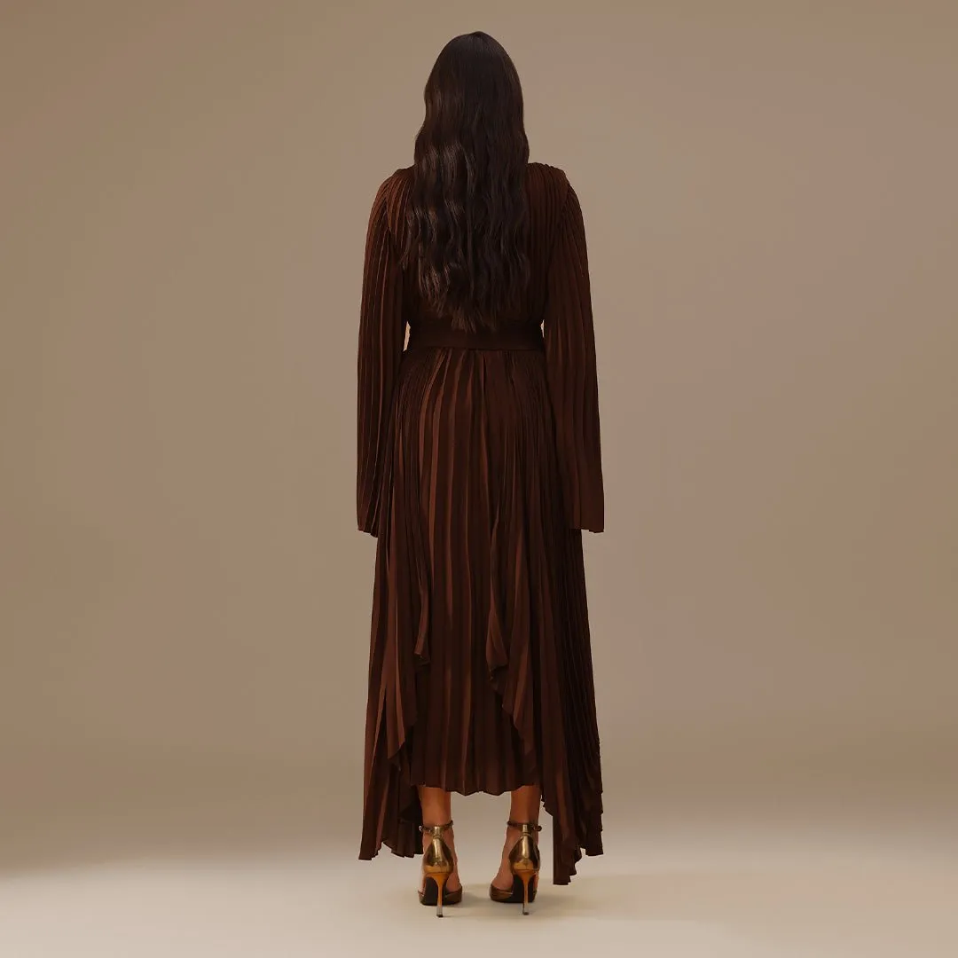 Brown All Pleats Long Sleeve Chiffon Dress