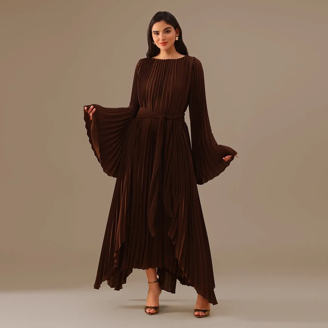 Brown All Pleats Long Sleeve Chiffon Dress