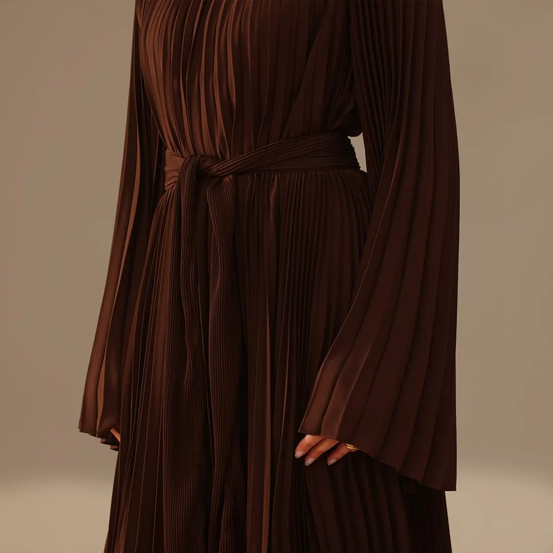 Brown All Pleats Long Sleeve Chiffon Dress