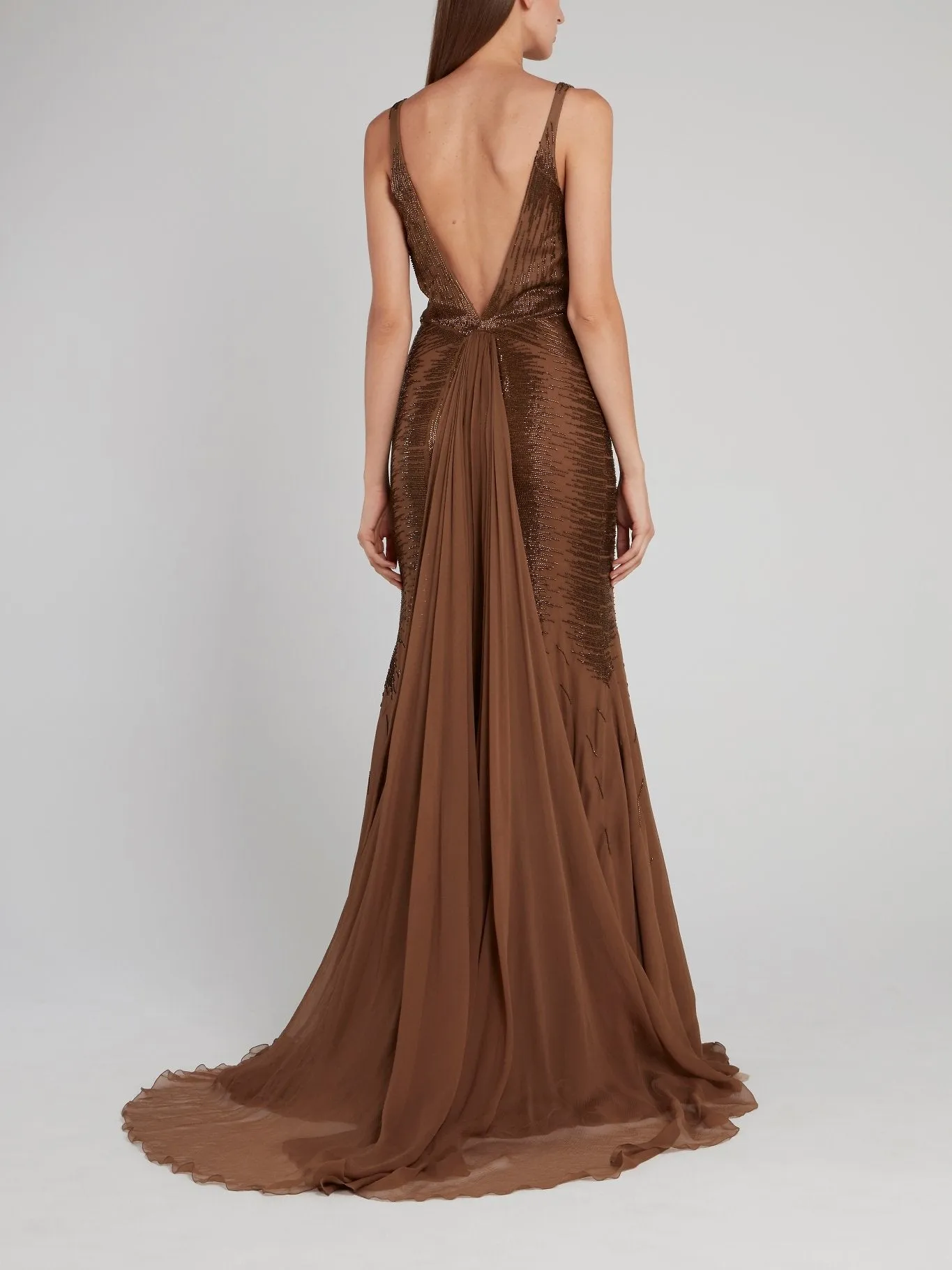 Brown Embellished Plunge Maxi Dress
