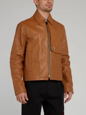 Brown Zip Up Textured Leather Jacket