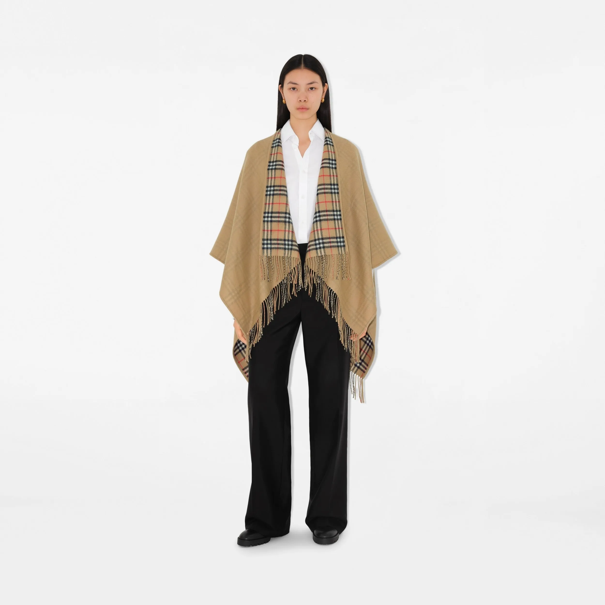 Burberry Reversible Check Wool Cape in Archive Beige
