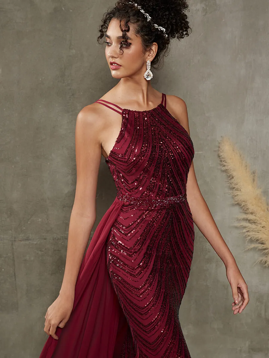 Burgundy Convertible Halter Sequin Floor Length Formal Evening Dress