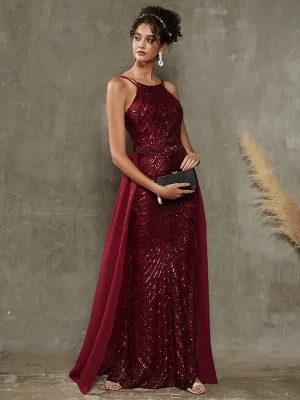 Burgundy Convertible Halter Sequin Floor Length Formal Evening Dress