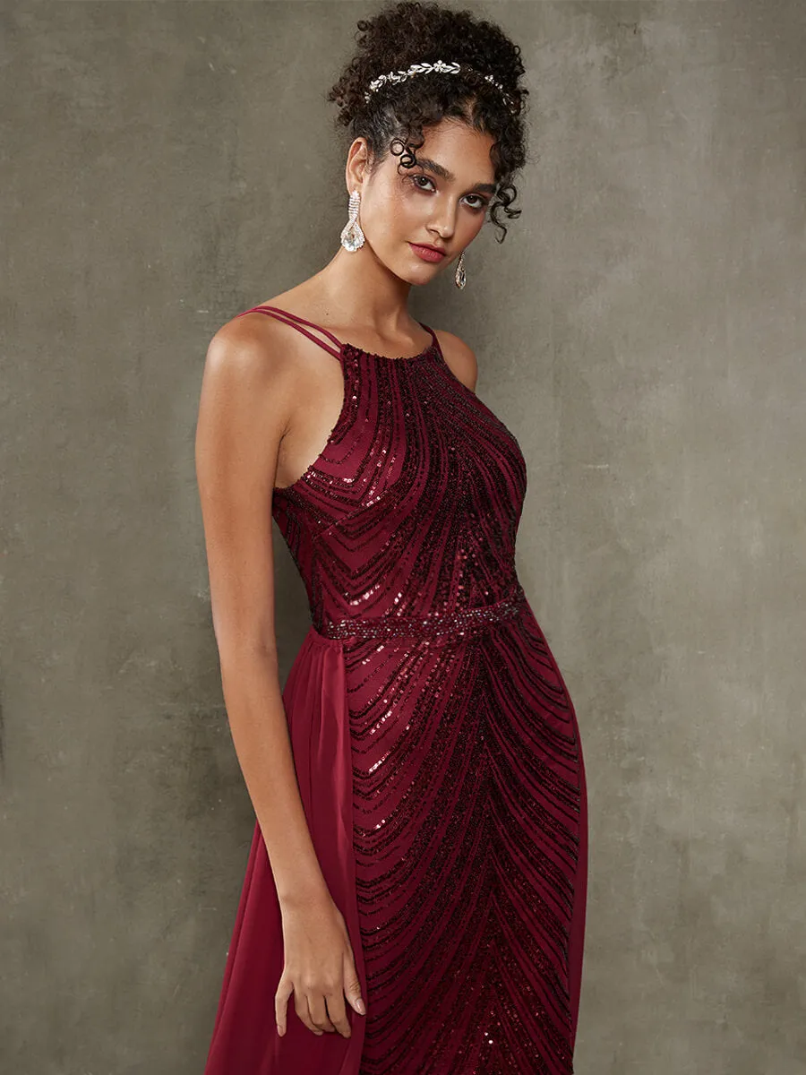 Burgundy Convertible Halter Sequin Floor Length Formal Evening Dress