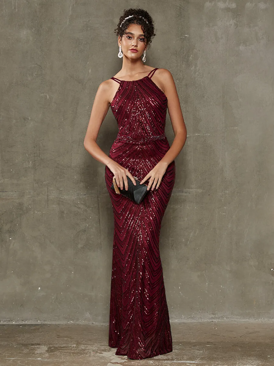 Burgundy Convertible Halter Sequin Floor Length Formal Evening Dress
