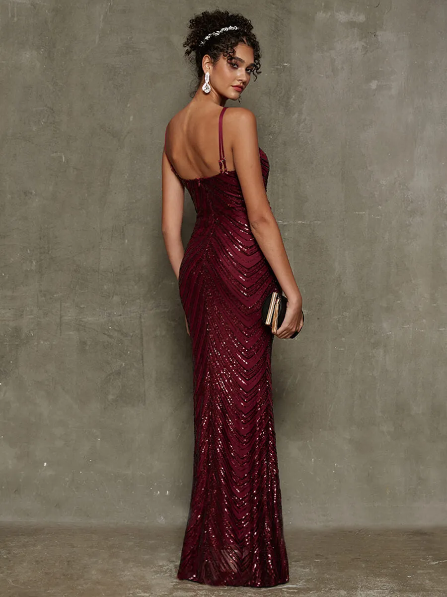 Burgundy Convertible Halter Sequin Floor Length Formal Evening Dress